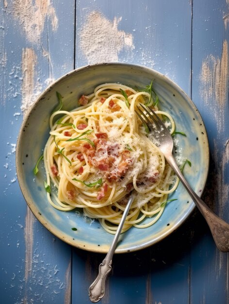 Foto spaghetti alla carbonara con pancetta e parmigiano su sfondo blu