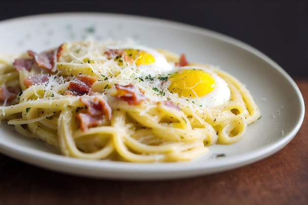 Spaghetti carbonara with bacon and scrambled eggs on white plate