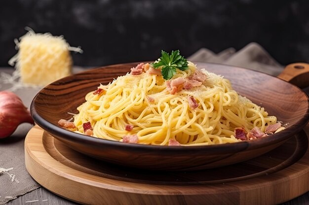 Spaghetti carbonara with herbs and cheese on wooden plate created with generative ai