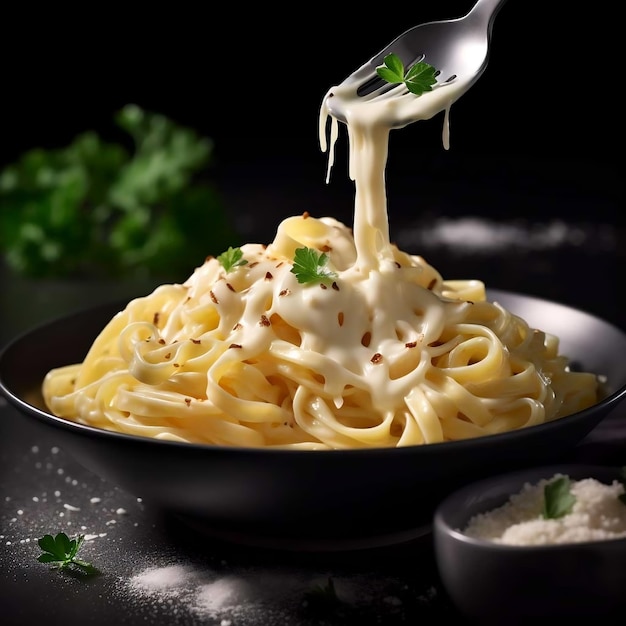 Spaghetti carbonara with parmesan cheese and basil on black background