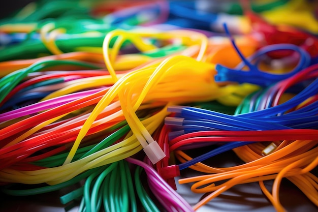 Spaghetti of colorful network cables connected to a switch