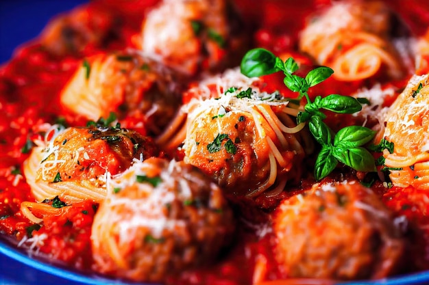 Spaghetti en gehaktballen in heldere tomatensaus voor een heerlijk Italiaans diner