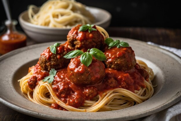 Spaghetti en gehaktballen op een rustieke tafel.