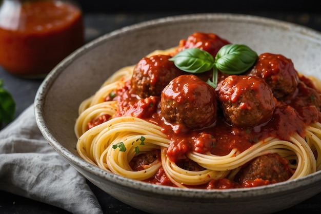 Spaghetti en gehaktballen op een rustieke tafel.