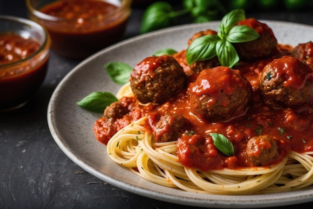 Spaghetti en gehaktballen op een rustieke tafel.