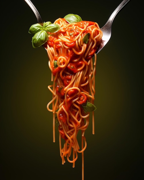 spaghetti on a fork with tomato leaves