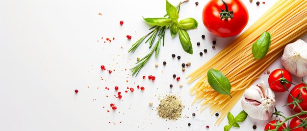 Spaghetti fresh tomato herbs and spices Banner with a place for text