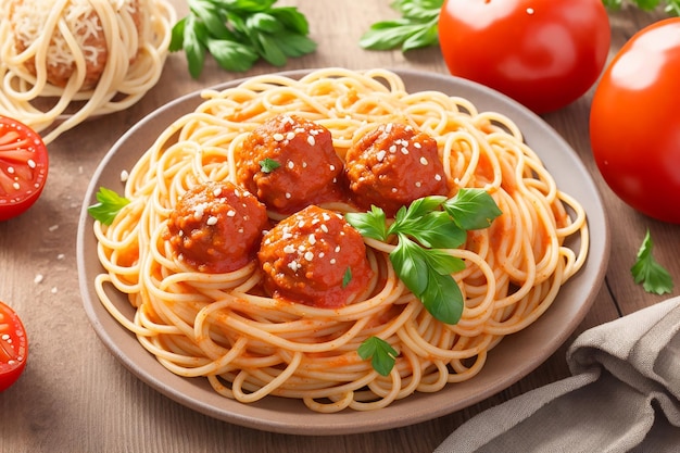 Spaghetti gehaktballen op houten achtergrond