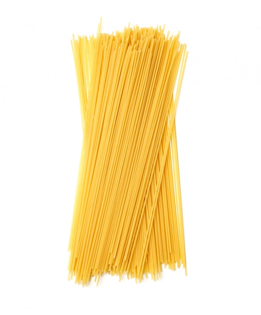 Photo spaghetti on isolated white background. top view