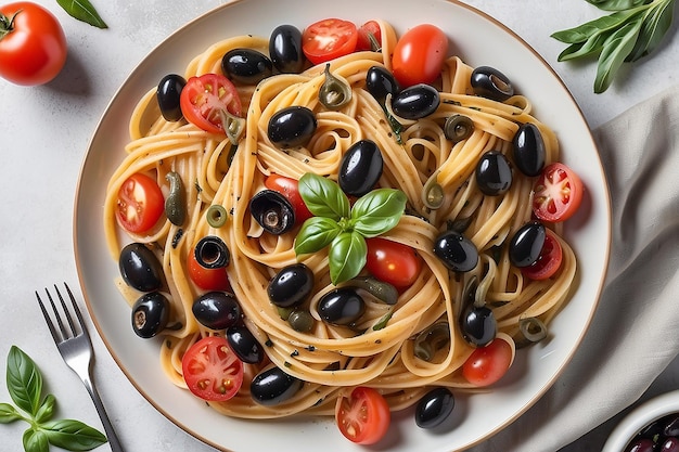 Spaghetti Italian pasta dish with tomatoes black olives capers anchovies Top view Generative AI