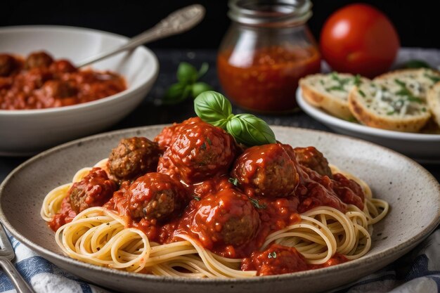 Spaghetti and meatballs on rustic table