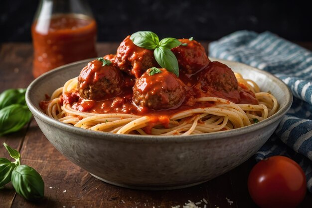 Spaghetti and meatballs on rustic table