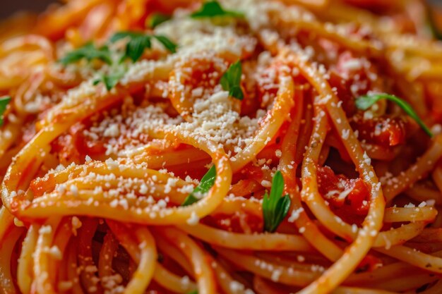 Spaghetti met Amatriciana saus geruite kaas en groenten Traditionele zelfgemaakte pasta met salsa alla matriciana
