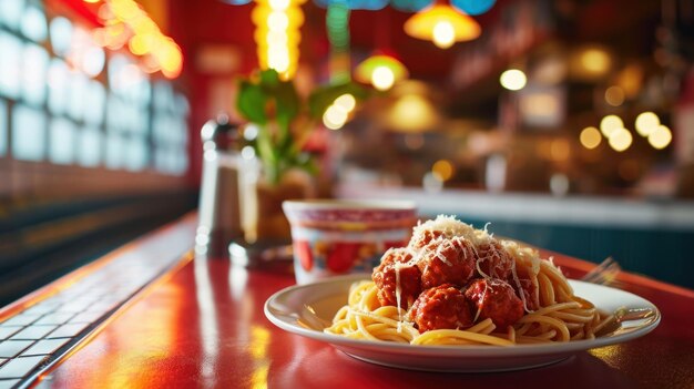 Spaghetti met gehaktballen tegen een klassieke eetzaal.