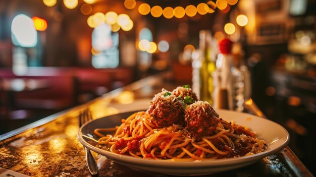 Spaghetti met gehaktballen tegen een klassieke eetzaal.