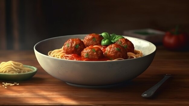 Spaghetti met gehaktballetjes in een witte kom op een houten tafel generatieve ai