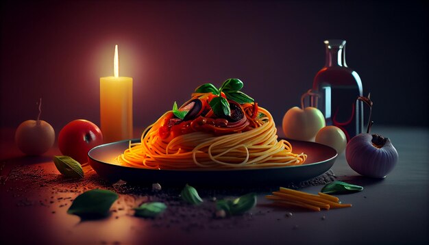 Spaghetti met kip en tomatensaus op een houten tafel in de keukengeneratieve ai