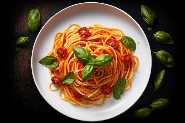 Spaghetti met tomatensaus op witte plaat op zwarte achtergrond bovenaanzicht