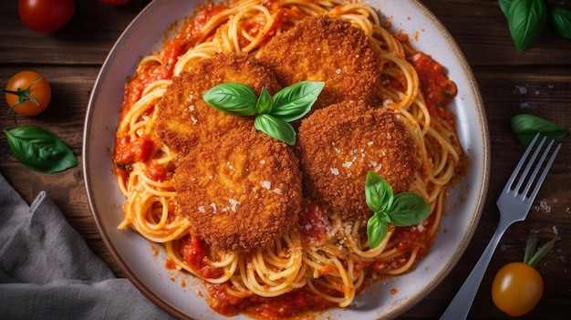 Foto spaghetti met tomatensous en milanese varkensvlees