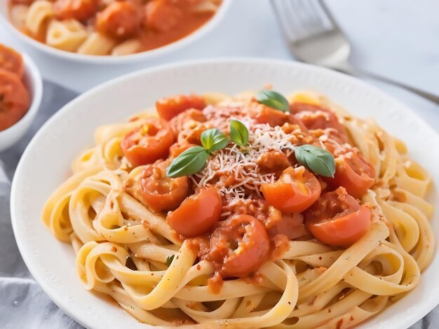 Spaghetti met tomatensous en pasta op een bord met een lepel