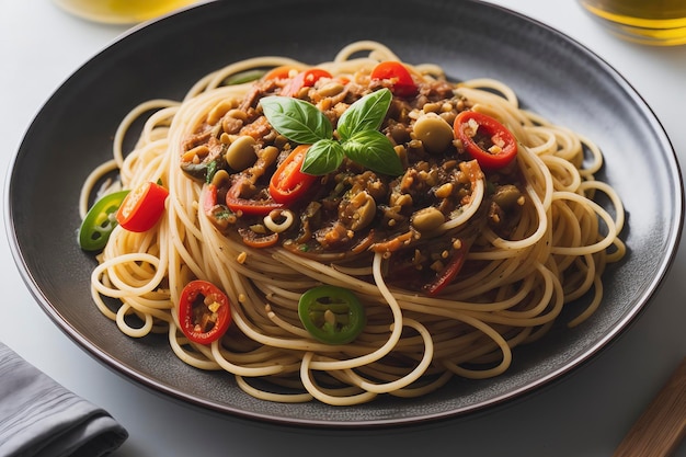 spaghetti olives chili peppers and white wine