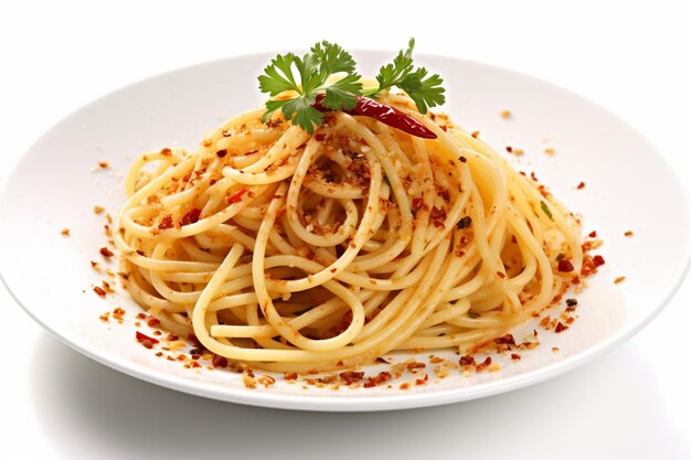 Spaghetti pasta aglio e olio met chili flakes peterselie knoflook op witte achtergrond