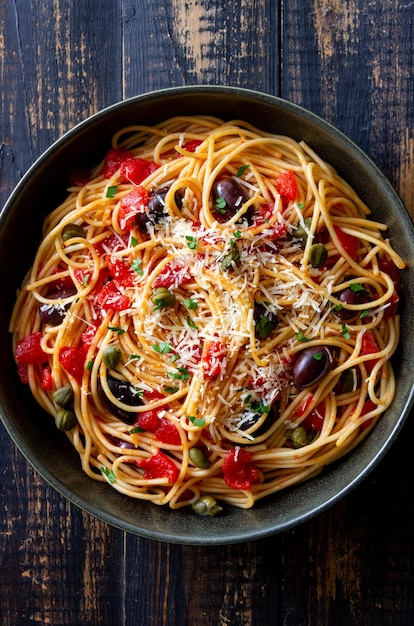 Spaghetti pasta Alla Puttanesca with capers Kalamata olives cheese tomatoes and anchovies Italian food