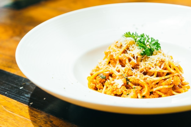 Spaghetti or pasta bolognese in white plate