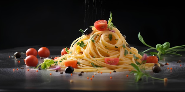 Spaghetti pasta on dark background Italian food