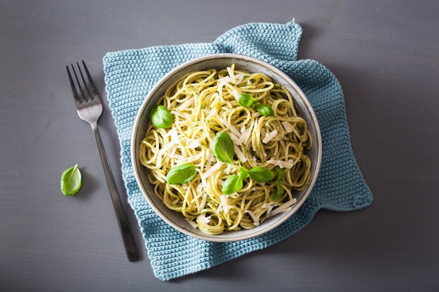 Spaghetti pasta met avocado basilicum pestosaus