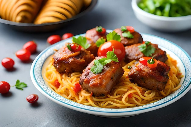 Spaghetti pasta met gehaktballen en kersen tomaten op een donkere achtergrond Ai generatieve