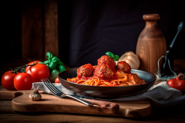 Spaghetti pasta met gehaktballen in zelfgemaakte tomatensaus op houten tafel AI gegenereerd