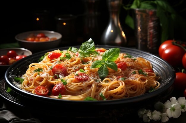 Spaghetti pasta met verse tomaten knoflook en munt gemaakt met generatieve AI