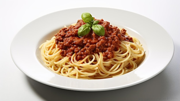 Pasta agli spaghetti in un piatto bianco su uno sfondo bianco ai generativa