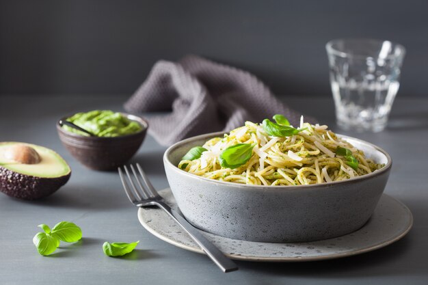 Spaghetti pasta with avocado basil pesto sauce