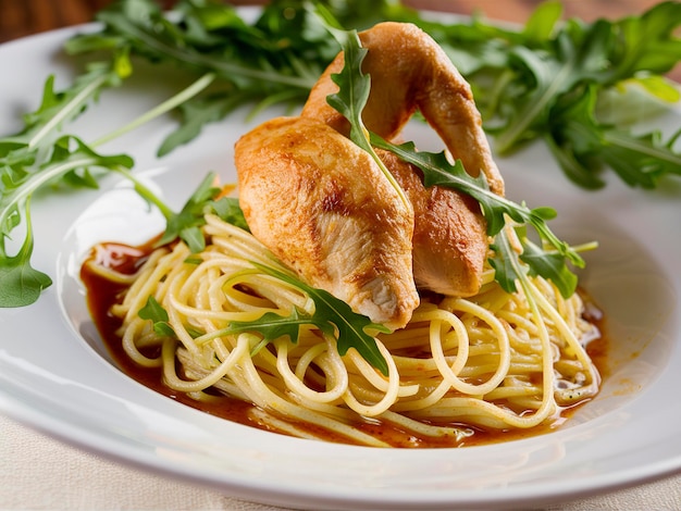 spaghetti pasta with chicken and arugula
