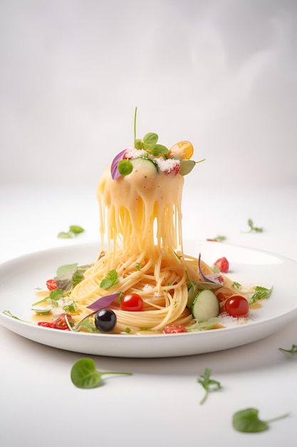 Spaghetti pasta with creamy sauce and tomatoes on white plate Italian food Copy space