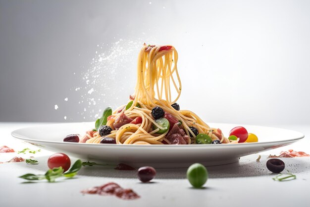 Макароны спагетти с ветчиной и овощами на белой тарелке итальянской кухни