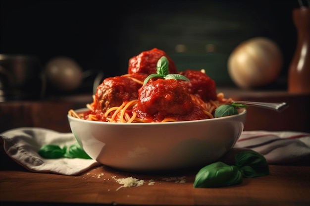 Foto spaghetti con polpette in salsa di pomodoro fatta in casa su tavola di legno ai generato