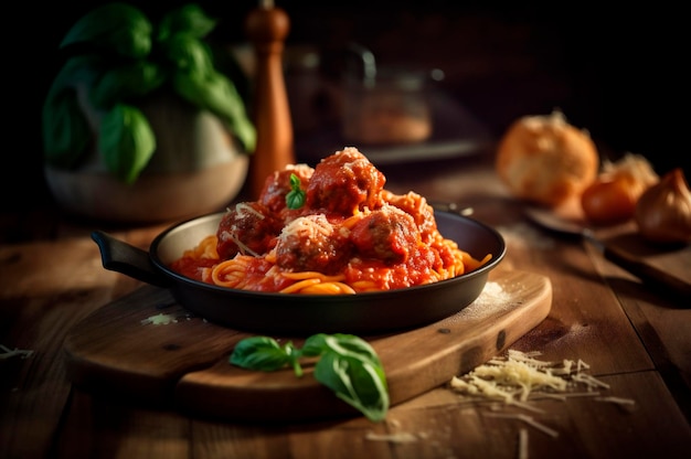 Spaghetti pasta with meatballs in homemade tomato sauce on wooden table AI generated