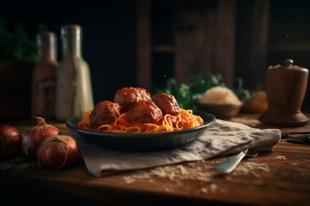 Spaghetti pasta with meatballs in homemade tomato sauce on wooden table AI generated