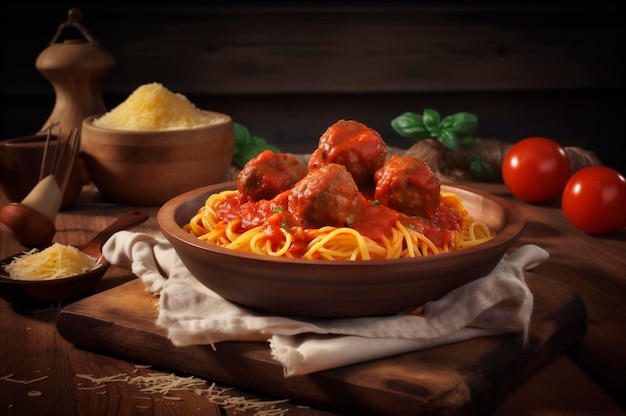 Spaghetti pasta with meatballs in homemade tomato sauce on wooden table AI generated