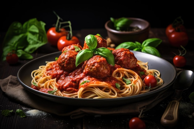 Spaghetti pasta with meatballs in tomato sauce and fresh basil leaves Spaghetti with tomato sauce and meatballs AI Generated