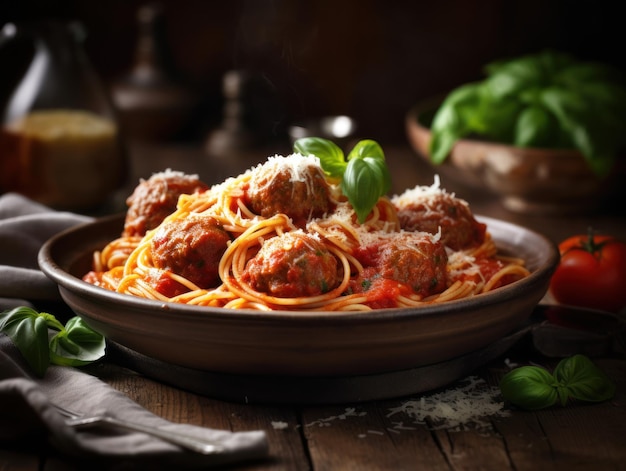 Foto spaghetti con polpette e salsa di pomodoro su tavola di legno ia generativa