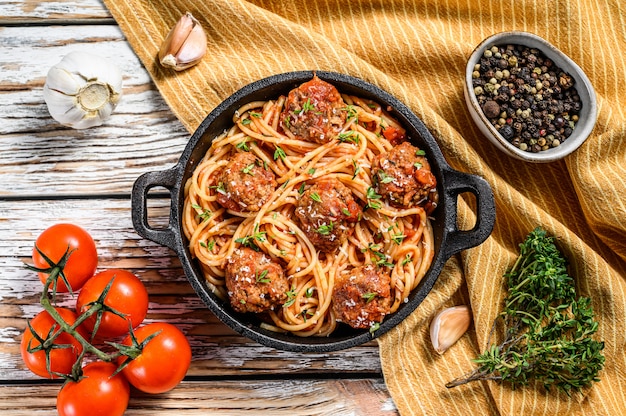 Spaghetti pasta with meatballs and tomato sauce. . 