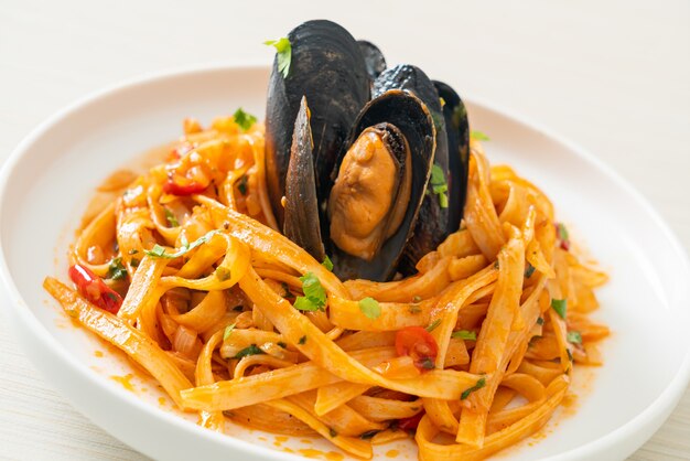 홍합 또는 조개와 토마토 소스를 곁들인 스파게티 파스타 - 이탈리아 음식 스타일