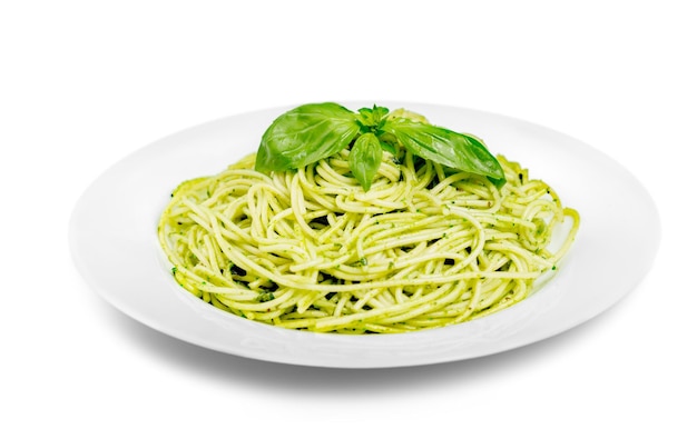 Spaghetti pasta with  parsley on  table.