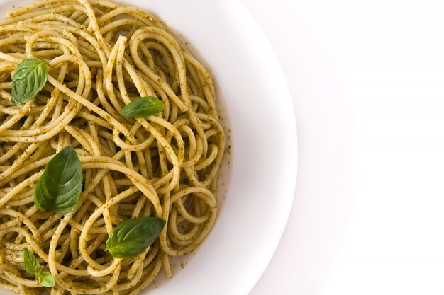 Spaghetti pasta with pesto sauce