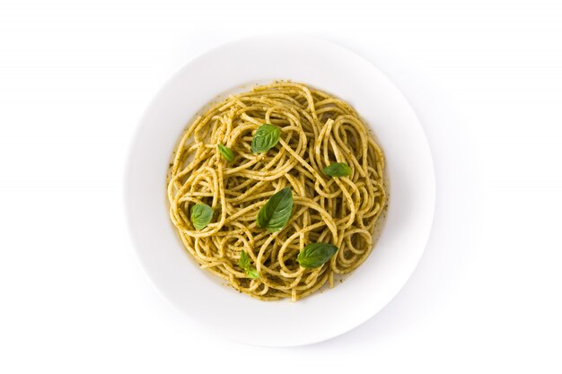 Spaghetti pasta with pesto sauce