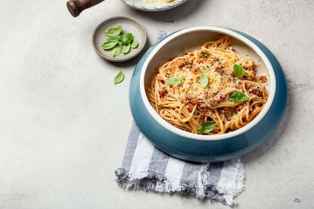 Spaghetti pasta with tomato beef sauce bolognese